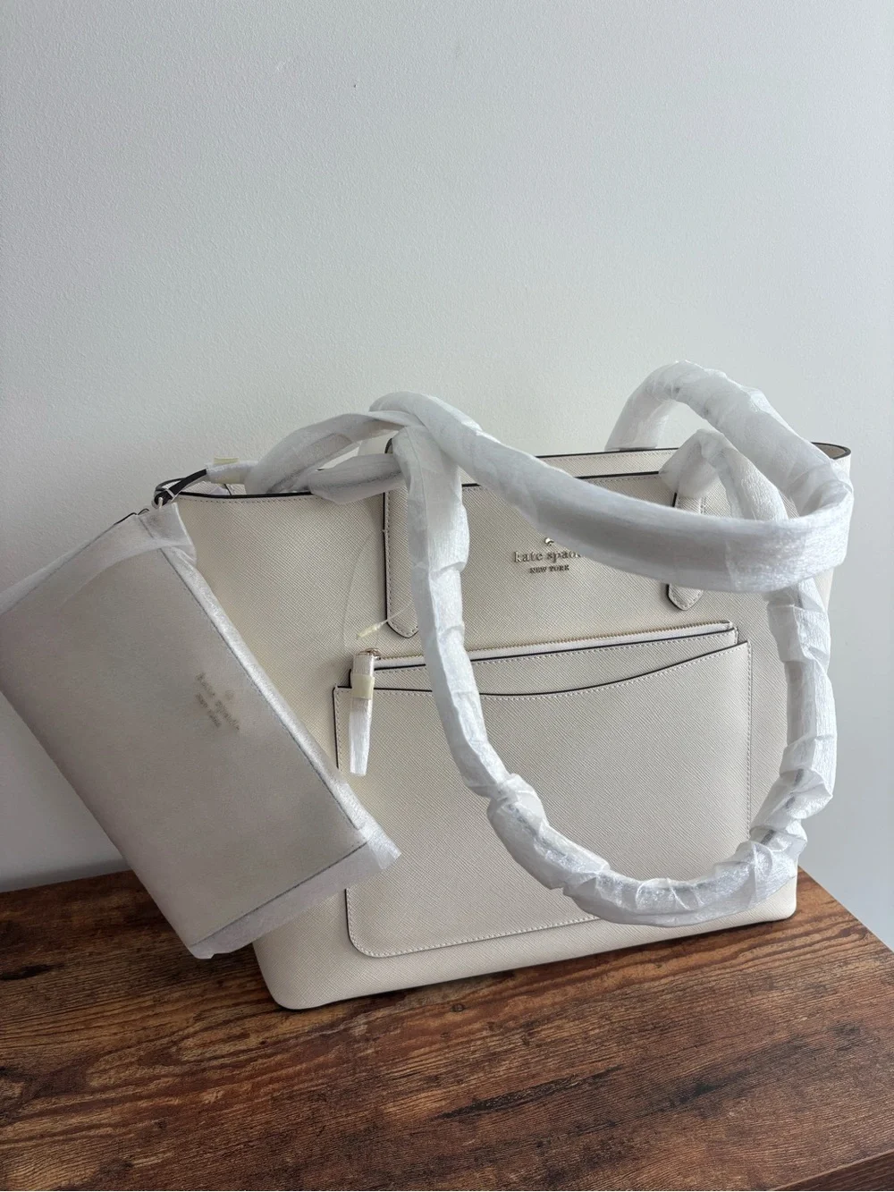 kate spade Cream Saffiano Leather Tote with Front Zip Pocket